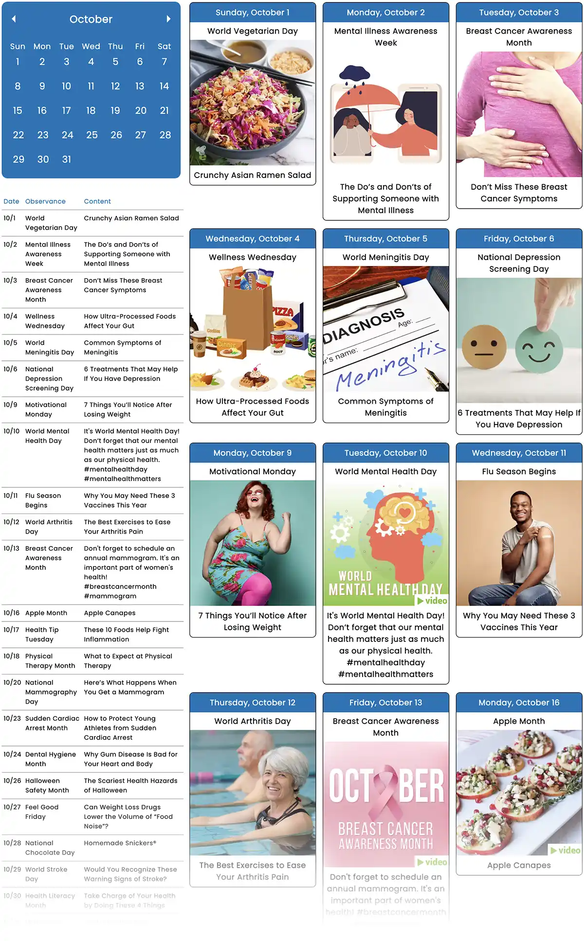 Share engaging images on social media for October 2023 health observances like Depression Screening Day and Mammography Day.