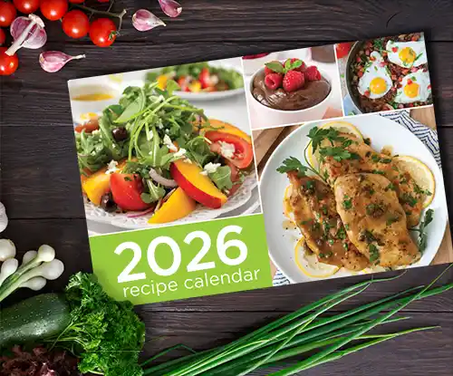 Composite image of 2026 recipe calendar and vegetables